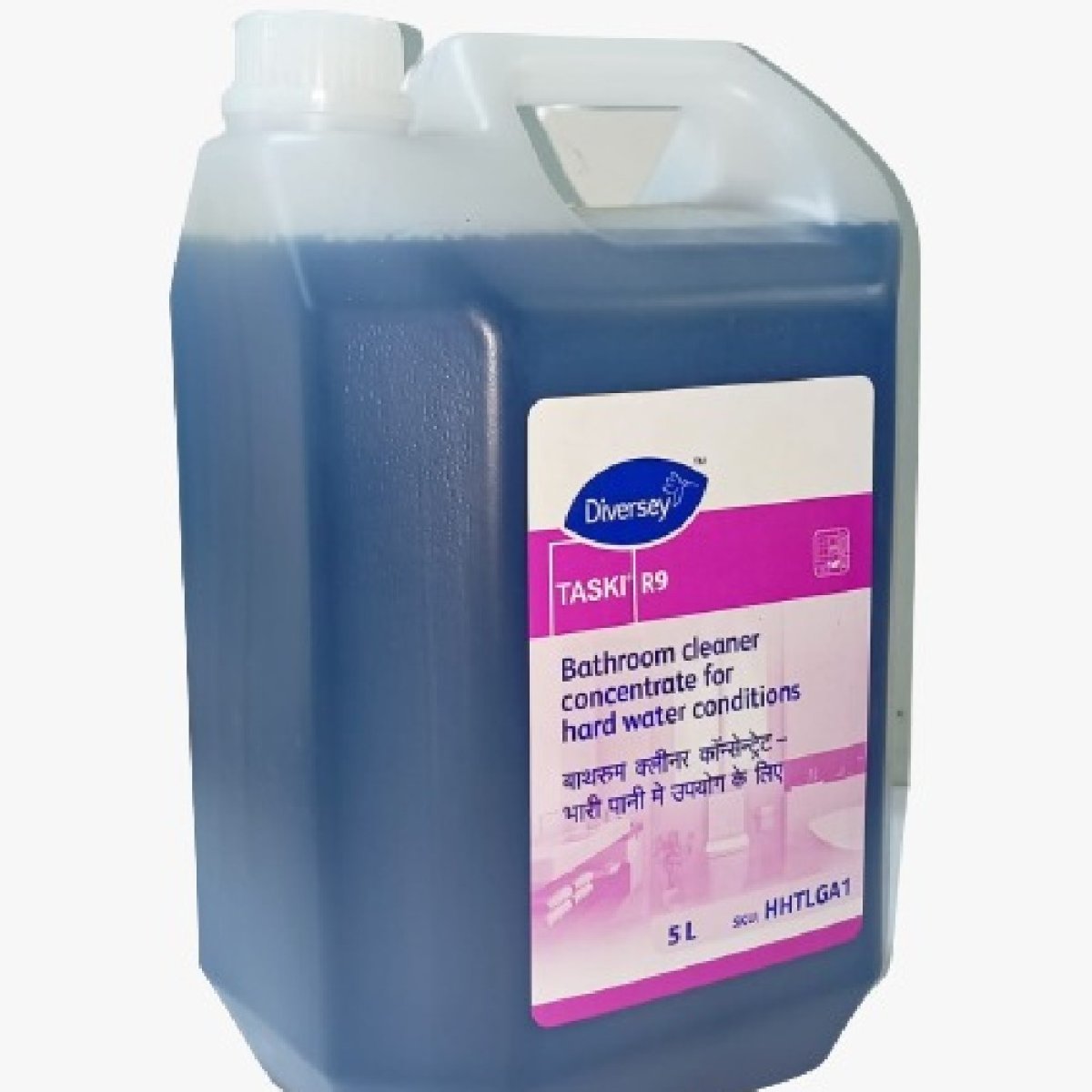 Diversey TASKI R9, professional-grade bathroom cleaner concentrate specifically formulated for use in hard water conditions.