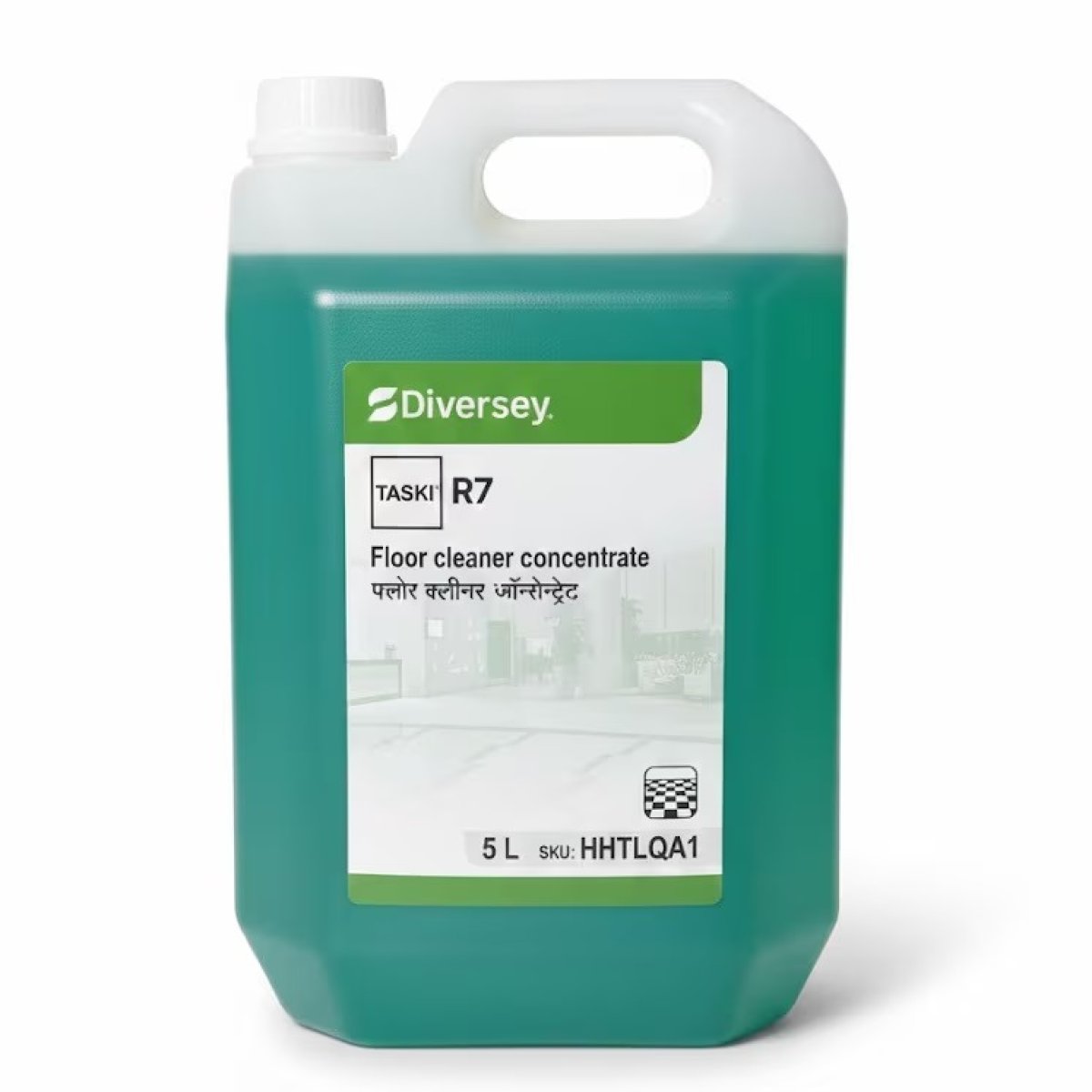 Diversey TASKI R7, 5-liter floor cleaner concentrate designed for the professional maintenance of all water-resistant floors.